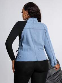 SHEIN CURVE+ Plus Size Women's Asymmetrical Button-Up Denim Jacket, Fashion Casual Outerwear - Blue - View 2
