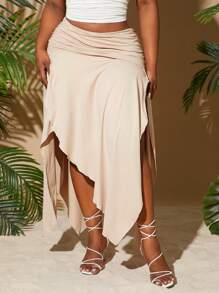 SHEIN SXY Plus Size Women 2025 Spring-Summer New City Resort Solid Color Ruched Waist Asymmetrical Hem High Slit Sexy Skirt, Suitable For Beach Vacation, Date Night, Birthday, Bachelorette Party, Cute, Casual, Shopping, Streetwear, Going Out, Easy To Match & Looks Slim, Accent Your Body, Flatter The Figure