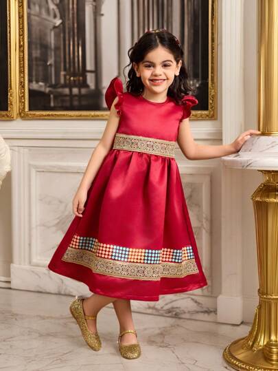 年轻女孩开斋节勃艮第盖袖复古连衣裙，配有拉链和配套大手提包