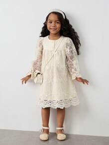 Maija Kids Maija Kids Young Girl's Elegant Holiday Style Crochet Lace Patchwork Embroidered Mesh Ruffle Hem Solid Apricot Lantern Sleeve Casual Dress, Spring/Summer - Apricot - View 2