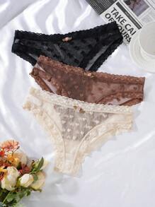 PetitDoll 3pcs Set Valentine's Day Lovely Heart Jacquard Mesh Brief For Women Lingerie - Multicolor - View 3