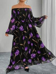 Modelyn Plus Size Chiffon Off Shoulder Bell Sleeve A-Line Dress, Floral Print, Suitable For Spring/Summer - Multicolor - View 4