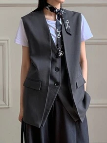 DAZY 女士前扣口袋休闲无袖两合一马甲西装外套秋冬商务装 - 灰色 - 查看 6