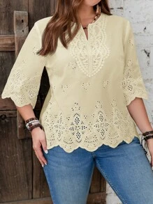 EMERY ROSE Plus Size Summer Casual Solid Color Hollow Embroidered Blouse - Khaki - View 1