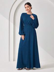 Veilorie Vestido maxi modesto de unicolor con cuello redondo y manga larga, estilo minimalista y casual para mujer
