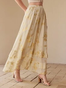 MOTF PREMIUM CHIFFON FLORAL PRINT DRAPED SKIRT - Apricot - View 5