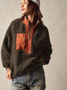 Bohemela Vacation Solid Knitted Raglan Sleeve Half Zip Up Loose Fit Women Hoodie - Brown - View 7