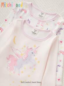 4pcs/Set Girls Casual Purple Unicorn Print Embroidered Long Sleeve Top And Tight Fit Pants Homewear Set, Snug Fit - Mauve Purple - View 3