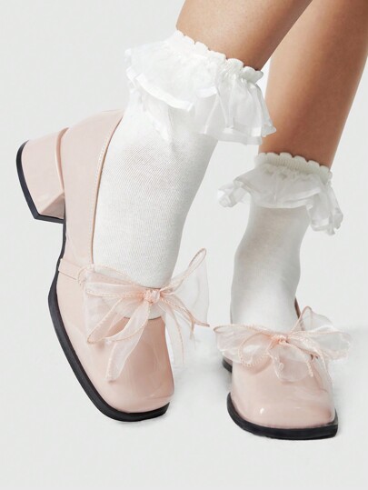 Kawaii Tacones altos de tacón grueso de dedo cerrado para mujeres, zapatos con decoración de moño al estilo de Mary Jane