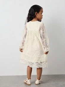 Maija Kids Maija Kids Young Girl's Elegant Holiday Style Crochet Lace Patchwork Embroidered Mesh Ruffle Hem Solid Apricot Lantern Sleeve Casual Dress, Spring/Summer - Apricot - View 3