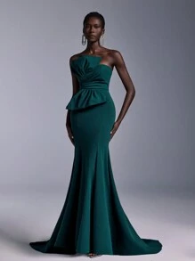 Elitara Elegant Formal Gown With Oversized Bow Decor And Mermaid Hem, Floor-Length Evening Dress, Prom Dress, For Wedding Guest, Graduation, Dinner Party Dress - Dark Green - View 7
