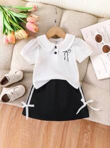 Bayi Perempuan Musim Panas Terbaru, Atasan Lengan Pendek Warna Polos dengan Pita dan Rok Pinggang Bergaris dengan Simpul Pita - Putih - View 2