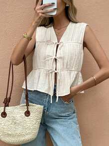 SHEIN Frenchy Women Solid Color Pleated Front Tie Sleeveless Shirt Summer Casual - Apricot - View 3