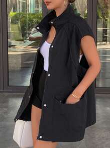 Livesso Women's Plain Front Button Sleeveless Pocket Simple Casual Jacket For Everyday Wear,Fall Clothes