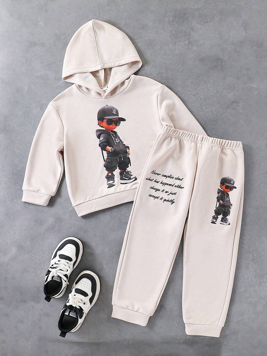 SHEIN Explorewe 2 件男童美式街头风格卡通人物印花超大连帽运动衫 + 字母印花松紧腰运动裤套装，适合秋冬季和街头穿着