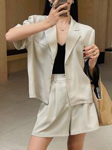 DAZY 2pcs Women Solid Color Button Front Short Sleeve Pocket Blouse & Shorts Set - White - View 6