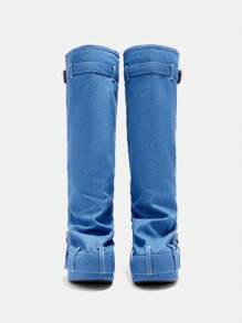 CUCCOO CURVES Plus Size Women Vintage Thick Sole Fashion Round Toe Shark Hem Belt Buckle Long Boots For Autumn/Winter