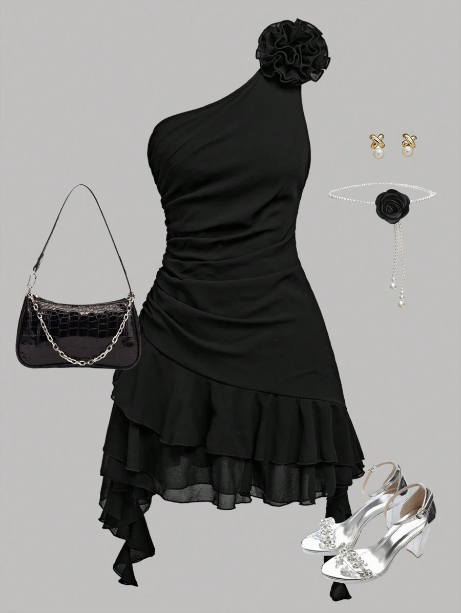 SHEIN Girlism Vestido de niña adolescente de unicolor con flor 3D, cintura fruncida con volantes en el borde - Negro - Ver 1