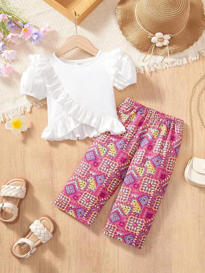 SHEIN Babygirl 可爱花卉印花休闲短袖上衣和裤子 2 件套，夏季