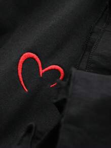 FRIFUL Women Oversize Black Long Dress With Ruffle Hem & Heart Embroidery, Casual Summer Outfit Sundress