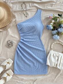 Soleia 休闲单肩紧身连衣裙，简约时尚，适合日常穿着 - 藍色 - 查看 4