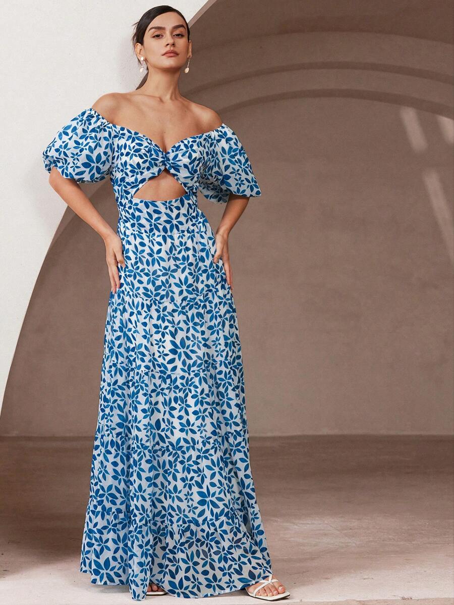 Aveloria Rosie 花卉雪纺印花扭结胸前和镂空腰部设计喇叭下摆长袖女式连衣裙 - 彩色 - 查看 1