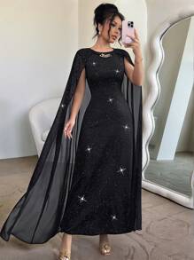 Calvaya Women's Holiday Gathering Party Banquet Solid Chiffon Sequin Cape Dress Black Round Neck Metal Button Decoration Long Slim Elegant Dress Women's Dress