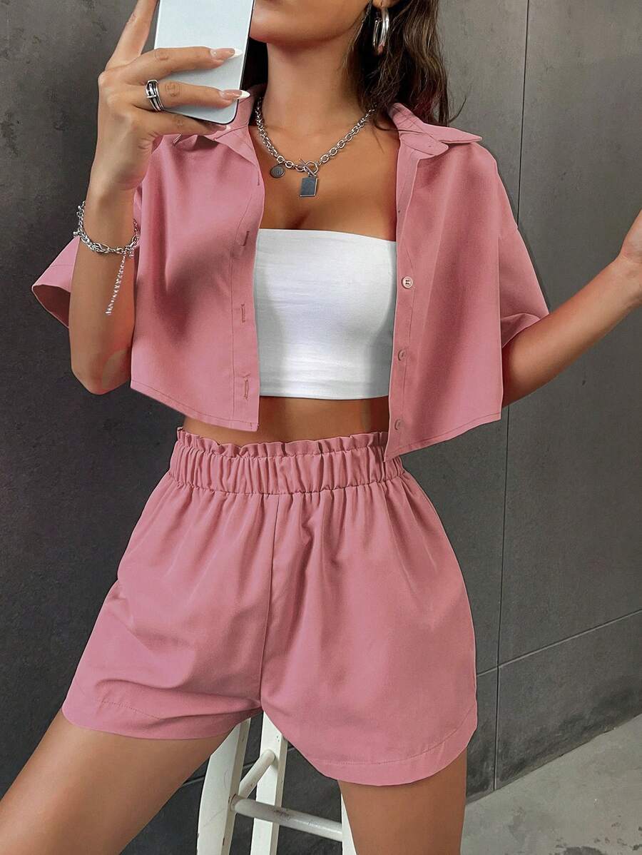 GlowEve 2pcs/Set Women's Solid Color Single Breasted Short Shirt And Ruffle Hem Shorts Set - Dusty Pink - View 1