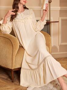 蕾丝拼布荷叶边领珍珠纽扣复古宫廷风女士睡袍 - 杏色 - 查看 1