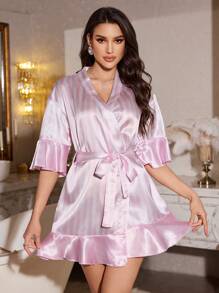 LuxeNights Elegant & Romantic Striped Pattern Ruffle Hem Women's Sleepwear Luxe Loungewear - Pink - View 4