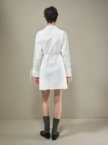 Muvela Damen Weißes Lässig/Business Einfarbiges Hemdkleid mit Schleife Knopfleiste vorne, Schmetterling-Ärmelauschnitt, taillierter Bund, Frühlings- und Sommer-Maxikleid