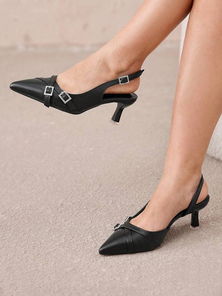 CUCCOO CURVES Plus Size Wide Fit Pointed Toe High Heel Pumps, Elegant Black PU Hollow Buckle Side Strap Sandals, Suitable For All Seasons