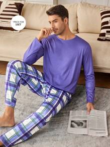 CoupledUp Conjunto de pijama casual de manga larga a cuadros y de color block para hombre