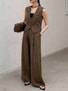 DAZY 2pcs/Set Women Vest And Pants Suit, Casual And Stylish For Everyday Wear - Brown - View 1