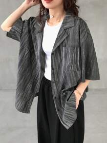 FRIFUL 女士灰色宽松全印花休闲衬衫，夏季上衣 - 灰色 - 查看 1