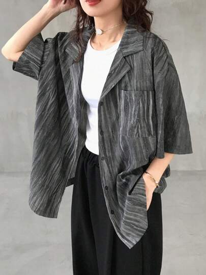 FRIFUL 女士灰色宽松全印花休闲衬衫，夏季上衣