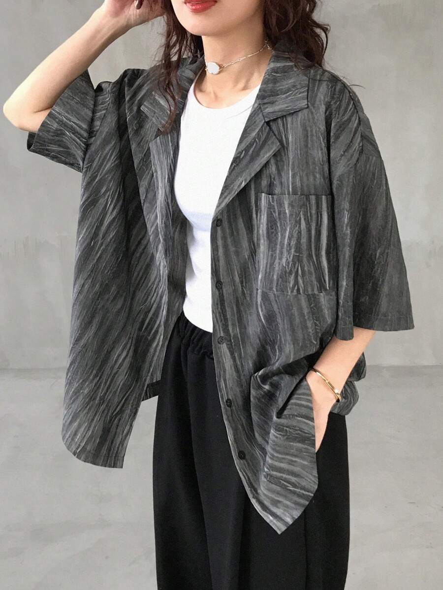 FRIFUL 女士灰色宽松全印花休闲衬衫，夏季上衣 - 灰色 - 查看 1