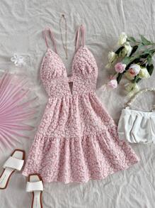 Soleia 女士豹纹提花性感细肩带 V 领 A 字形露背连衣裙 - 粉色 - 查看 1