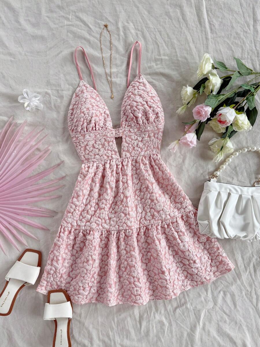 Soleia 女士豹纹提花性感细肩带 V 领 A 字形露背连衣裙 - 粉色 - 查看 1