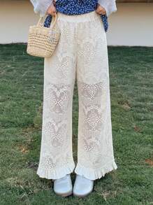 FRIFUL Pantalones de cintura alta de 7/8 con textura de red de crochet blanco, estilo de vacaciones de verano para mujeres