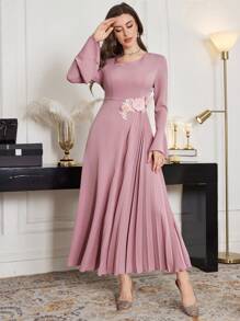 Modelyn Women Elegant Solid Color 3D Floral Decor Bell Sleeve Dress