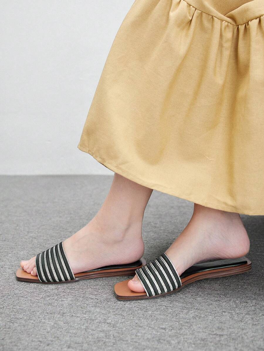 CUCCOO BIZCHIC Women's Rhinestone Design Casual Flat Sandals Spring Shoes Spring Break Easter - Black - View 1