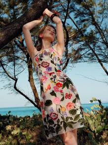 Anewsta 女士中长款太阳裙，夏季花卉印花连衣裙 - 杏色 - 查看 1