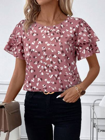 SHEIN Clasi Women Round Neck Short Sleeve Printed Casual Blouse, Suitable For Vacation