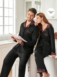 CoupledUp 男士休闲拼布格子和爱心图案家居服套装 - 黑色 - 查看 1