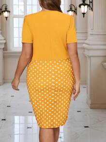 SHEIN Clasi Plus Size Solid Color Block Short Sleeve Casual Slim Fit Mini Dress - Yellow - View 2