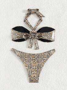 Snake Skin Print Halter Metal Lock Decor Bikini Set, Women Summer Swimwear Beach Outfit - Brown - View 5