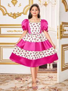 SHEIN Leap Crew Tween 女童宽松休闲简约圆领印花撞色拼接荷叶边下摆连衣裙