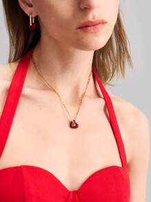 Ontre 18K 镀金红色珐琅心形吊坠项链 - 紅色 - 查看 5