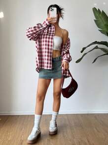 Flirla Camisa de manga larga a cuadros de estilo urbano casual para mujer